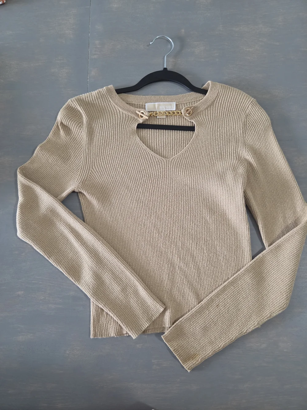 Michael Kors Gold-Trim Beige Ribbed Knit Top